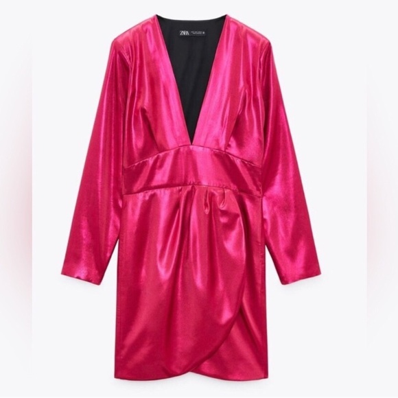 NWT ZARA Laminated Fuchsia Hot Pink Long Sleeve Dress Size Small Barbiec…​ - Picture 2 of 4